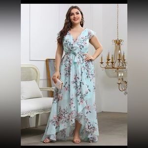 SHEIN Belle Plus Floral Print Ruffle Trim Belted Bridesmaid Dress